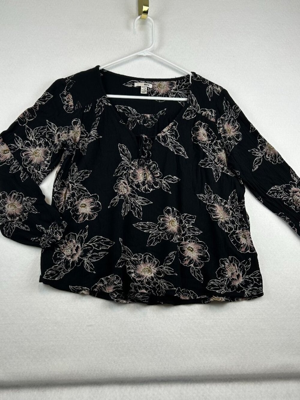 Amuse Society | Black Long Sleeve V Neck Blouse, Pink Flower Sketch Print, Small